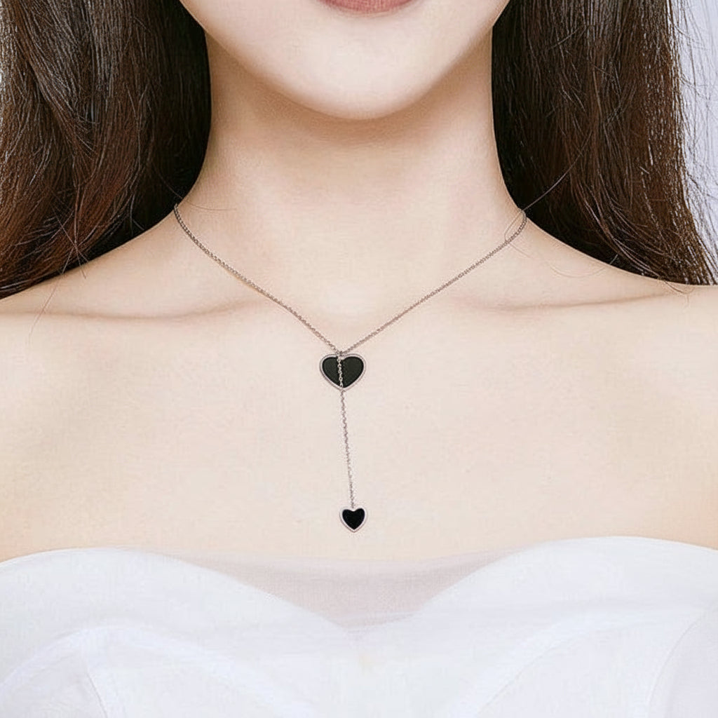 925 Silver Black Double Heart Y Necklace – Platinum Plated by Syleane
