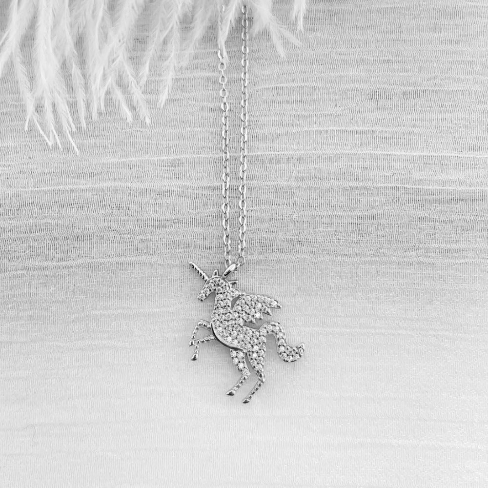 Sparkling Unicorn Necklace 925 Sterling Silver CZ - Syleane