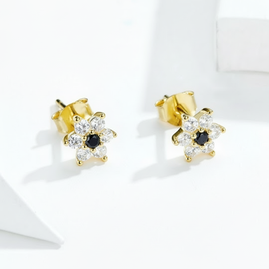 925 Sterling Silver Flower Stud Earrings – Gold-Plated Zirconia Daisy