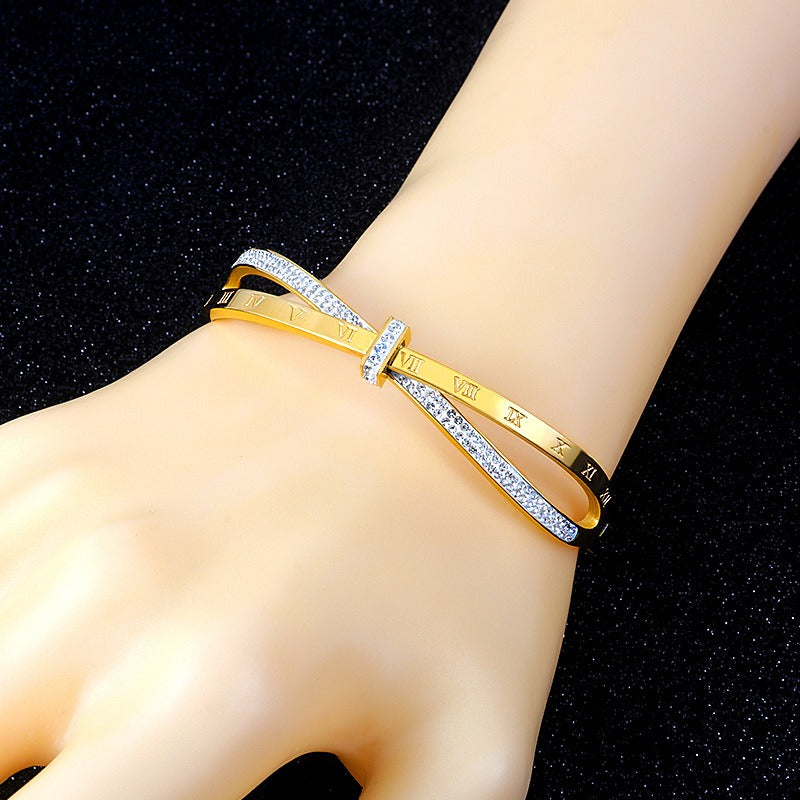 Stainless Steel Cross Pattern Bangle Bracelet – Elegant Women’s Cuff | Syleane