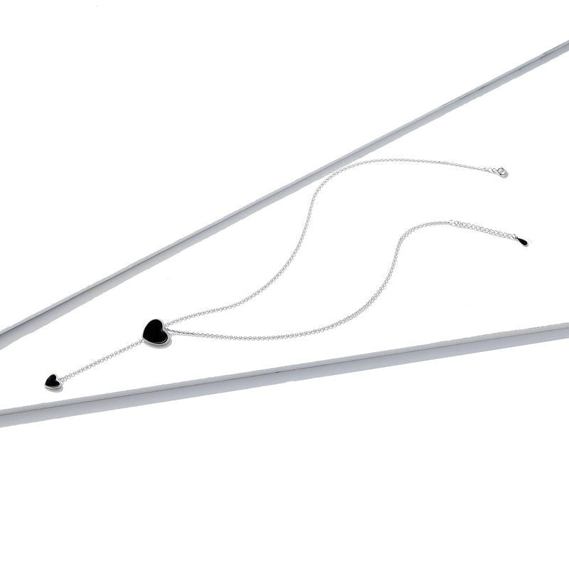 925 Silver Black Double Heart Y Necklace – Platinum Plated by Syleane