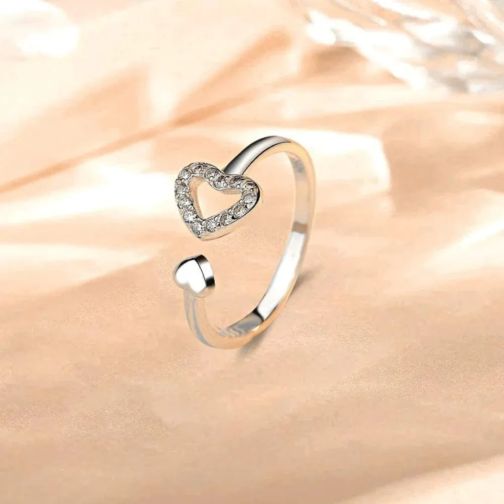 925 Sterling Silver Open Heart Ring – Adjustable Pave Zircon | Syleane