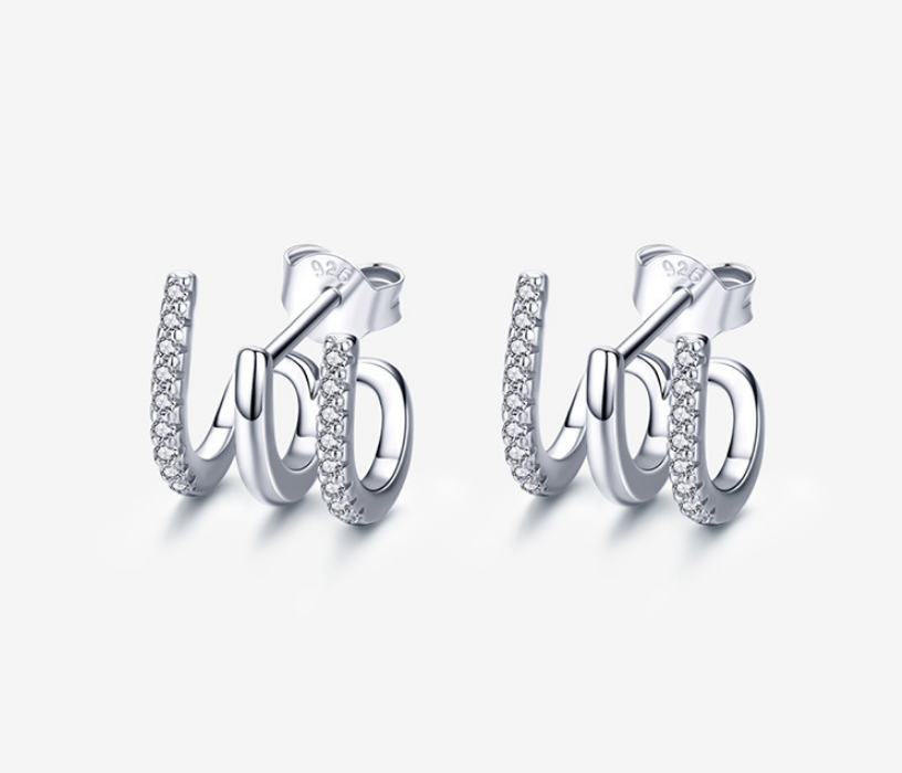 Triple Hoop Sterling Silver CZ Stud Earrings 925 | Syleane