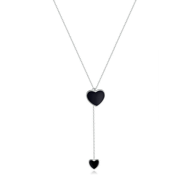 925 Silver Black Double Heart Y Necklace – Platinum Plated by Syleane