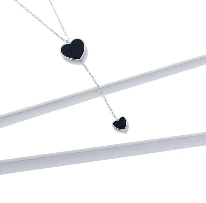 925 Silver Black Double Heart Y Necklace – Platinum Plated by Syleane