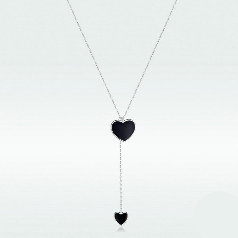 925 Silver Black Double Heart Y Necklace – Platinum Plated by Syleane