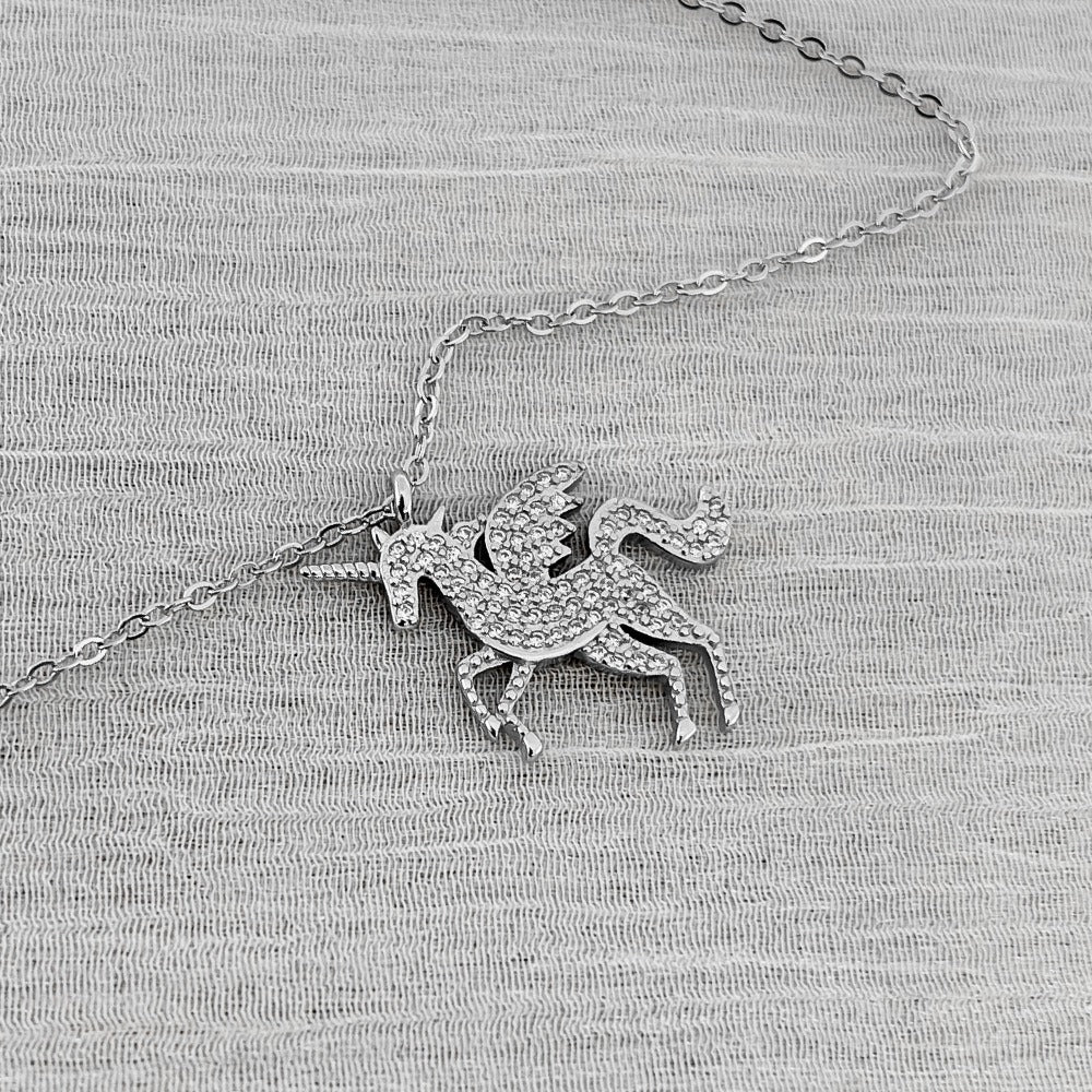 Sparkling Unicorn Necklace 925 Sterling Silver CZ - Syleane