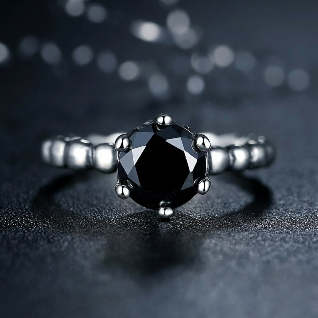 Black Cubic Zirconia Solitaire Ring in 925 Silver – Syleane