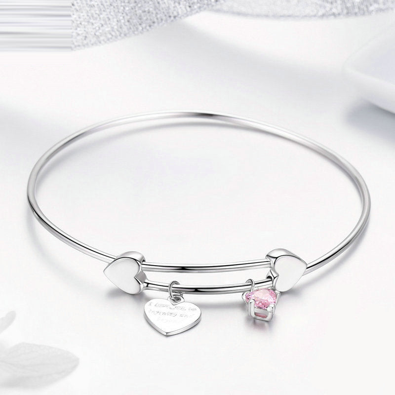 925 Sterling Silver Heart Charm Bracelet with Pink Zircon – Syleane