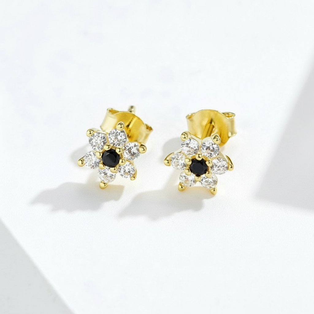 925 Sterling Silver Flower Stud Earrings – Gold-Plated Zirconia Daisy