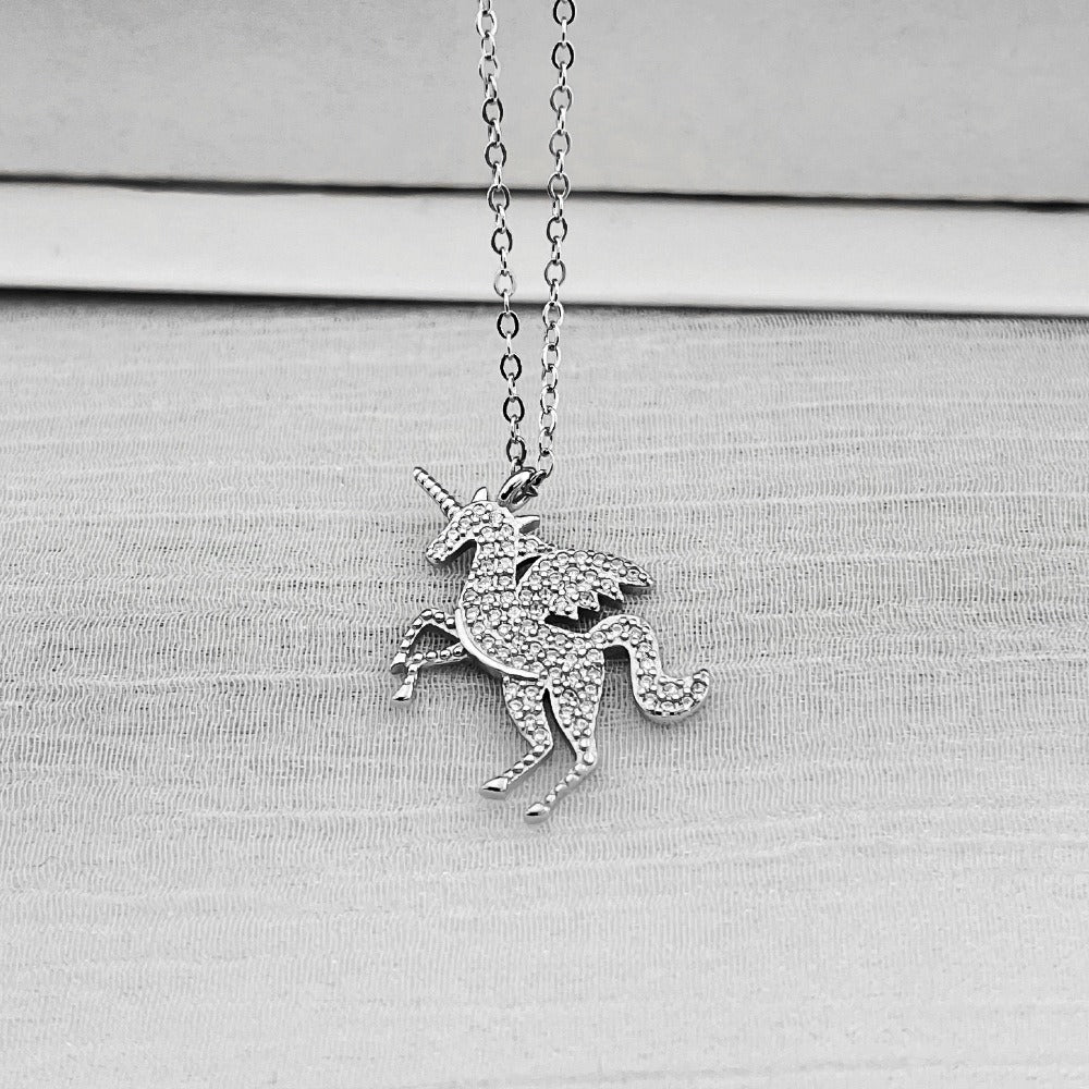 Sparkling Unicorn Necklace 925 Sterling Silver CZ - Syleane