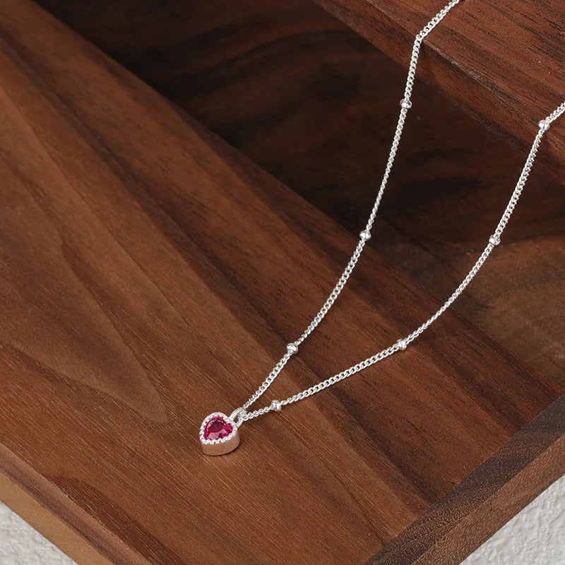 925 Sterling Silver Red Heart Necklace – Delicate Chain by Syleane