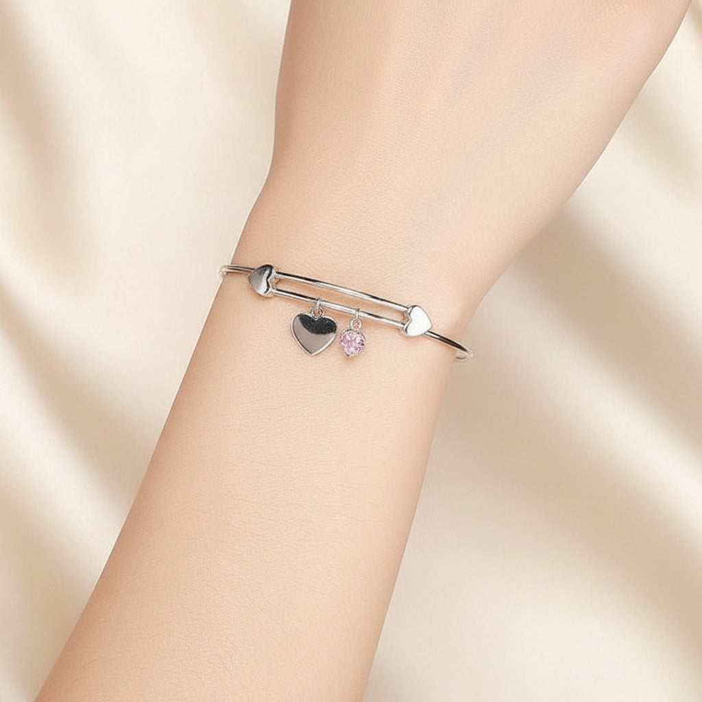 925 Sterling Silver Heart Charm Bracelet with Pink Zircon – Syleane