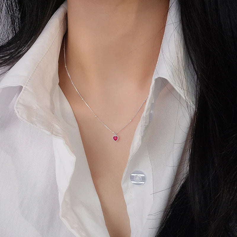 925 Sterling Silver Red Heart Necklace – Delicate Chain by Syleane