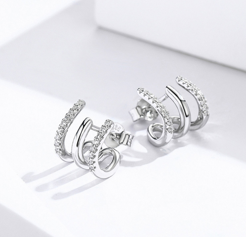 Triple Hoop Sterling Silver CZ Stud Earrings 925 | Syleane