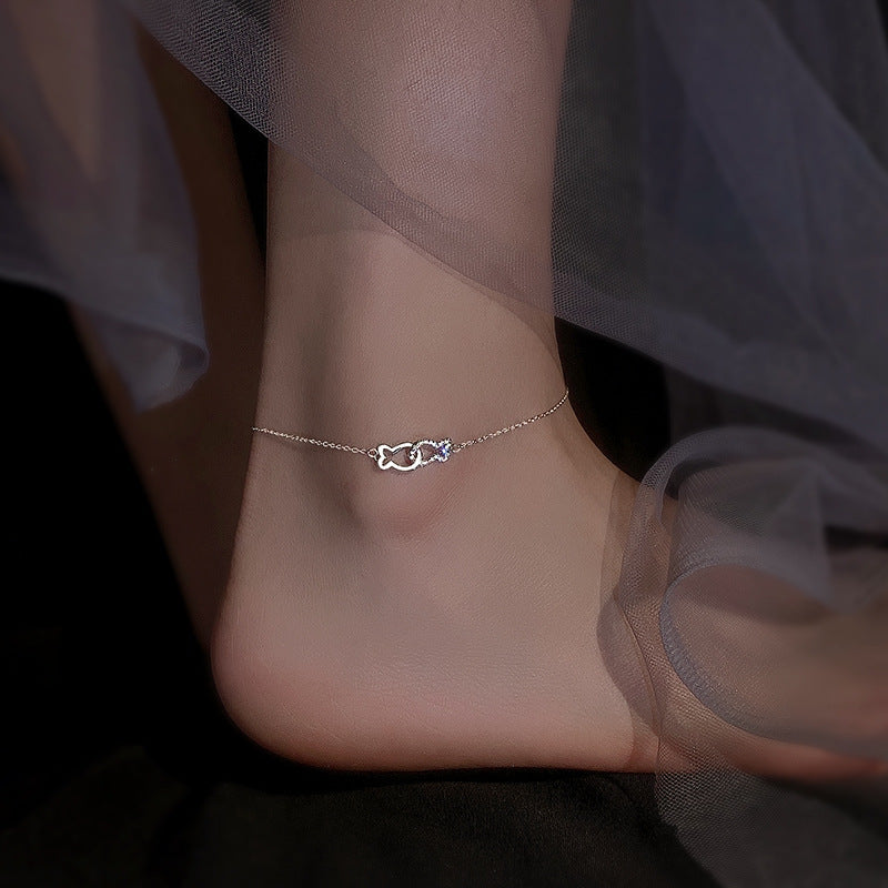 925 Silver Kissing Fish Anklet – Dainty White-Gold Chain by Syleane
