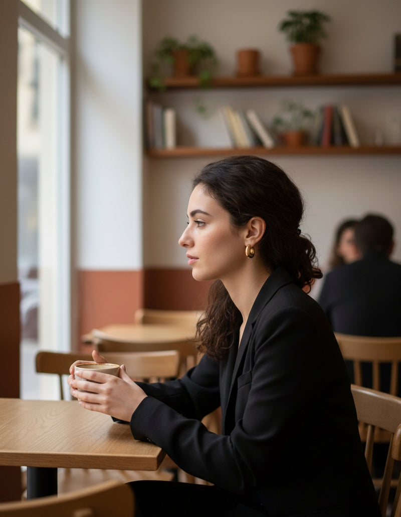 Gold hoop earrings styled with a white shirt